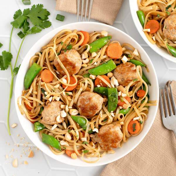 Ginger Chicken Meatball Stir-Fry with Noodles, Snap Peas & Cashews