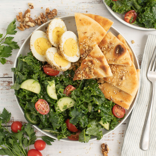 Kale Salad with Nutty Middle Eastern Spiced "Dukkah" Eggs & Flatbread