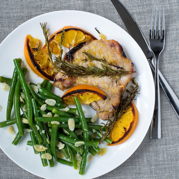 Orange Glazed Pork Chops with Almond Green Beans
