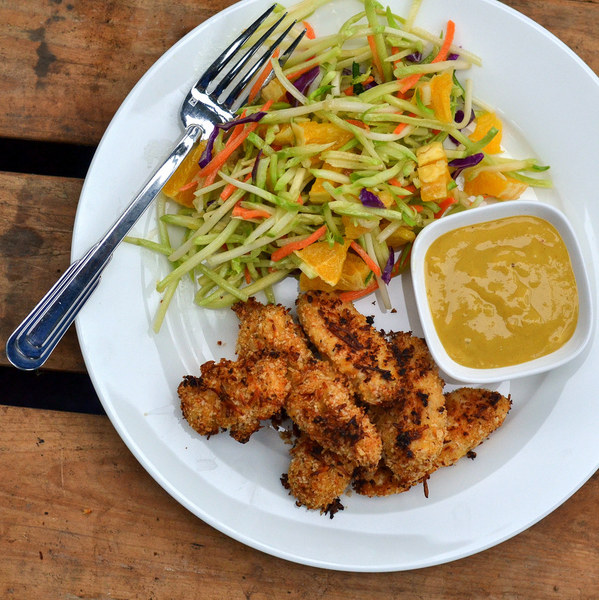 Honey Mustard Chicken Tenders with Broccoli Orange Slaw