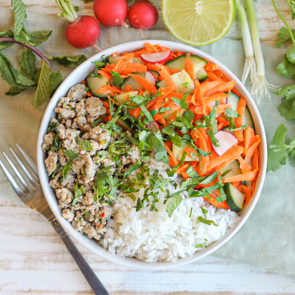 Turkey "Banh Mi" Rice Bowl with Pickled Veggies, Cilantro & Mint