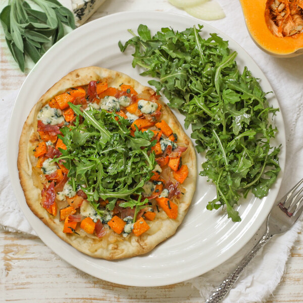 Butternut Squash, Prosciutto & Blue Cheese Flatbread with Arugula