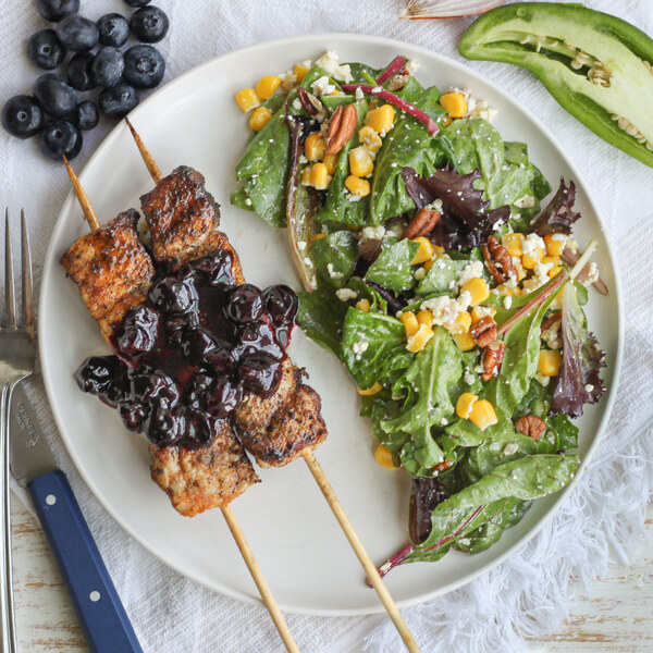 Pork Skewers with Jalapeño Blueberry Sauce & Feta-Pecan Mixed Greens