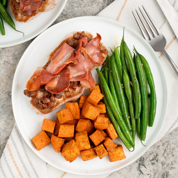 Pork Chop with Spiced Dates, Prosciutto, Green Beans & Sweet Potato