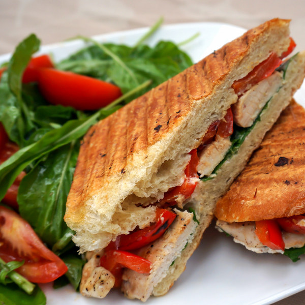 Chicken, Bell Pepper & Goat Cheese Panini with Arugula Tomato Salad