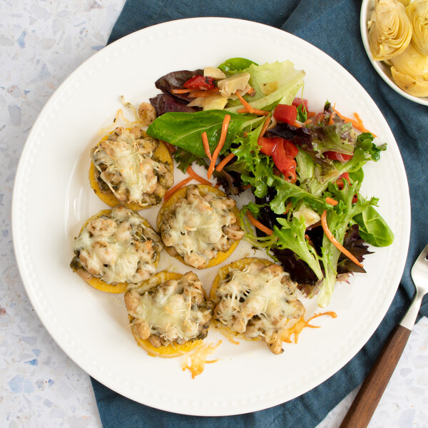 Basil Pesto-White Bean Polenta Stacks with Pepper & Artichoke Salad
