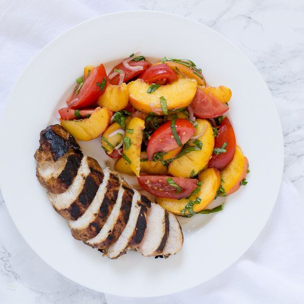 Balsamic Grilled Chicken with Peach, Tomato & Basil Salad