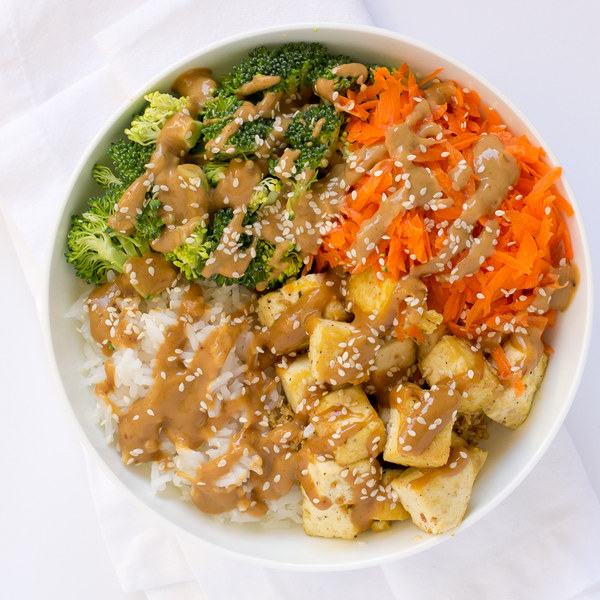 Peanut Tofu Rice Bowl with Carrots & Broccoli
