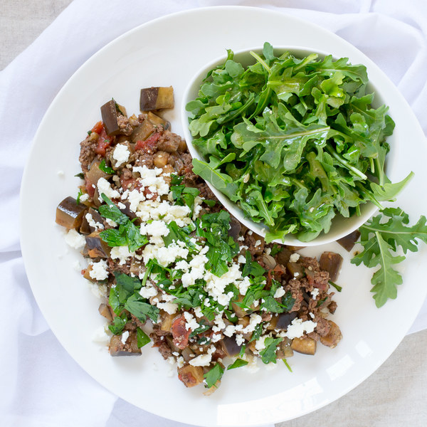 Skillet Eggplant, Beef & Feta Moussaka with Lemon Arugula Salad