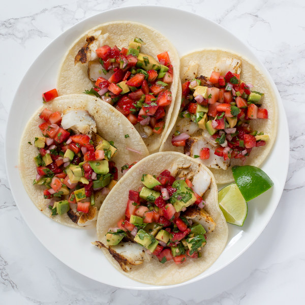 Fish Tacos with Strawberry-Avocado Salsa