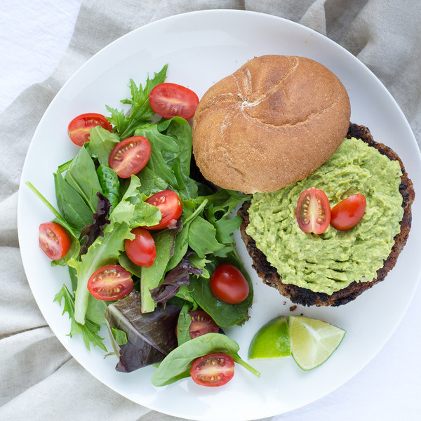 Black Bean Burgers with Avocado Spread & Mixed Greens Salad