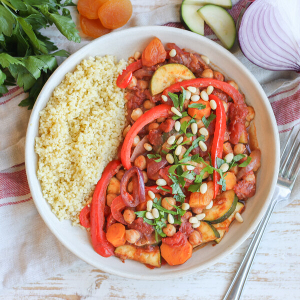 Moroccan Chickpea, Apricot, Bell Pepper & Zucchini Curry with Couscous