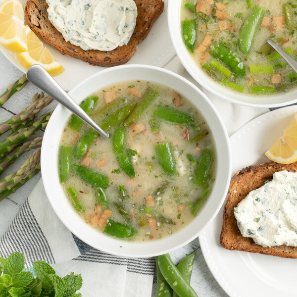 Bacon, Snap Pea & Asparagus Broth with Minted Ricotta Toast