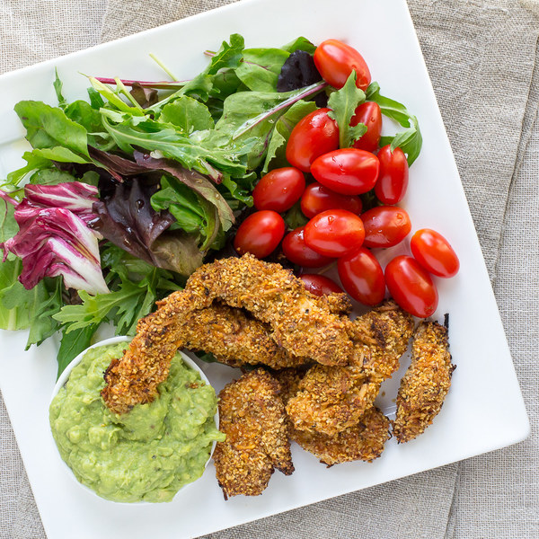 Chicken Fingers & Avocado Dip with Greens & Grape Tomatoes