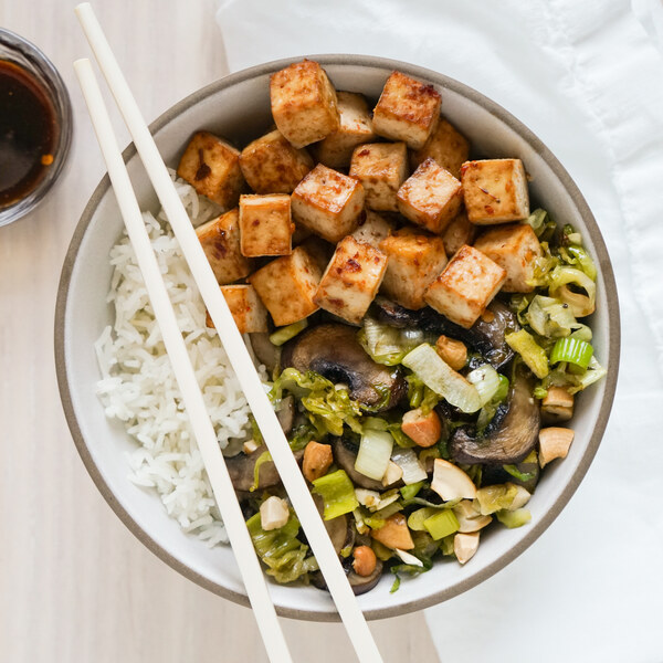 Spicy Ginger-Soy Rice Bowl with Tofu, Mushrooms & Brussels Sprouts