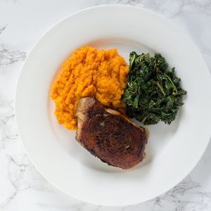 Pan-Fried Pork Chops with Sautéed Kale & Sweet Potato Mash