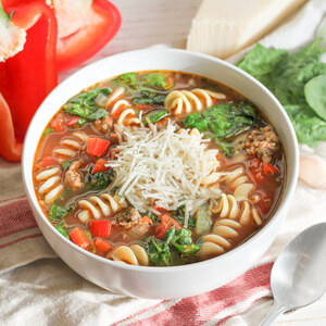 Italian Sausage Soup with Rotini Pasta, Bell Pepper, Tomato & Spinach
