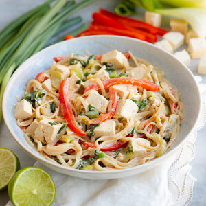 Creamy Coconut Noodles with Tofu, Bok Choy, Bell Pepper & Lime