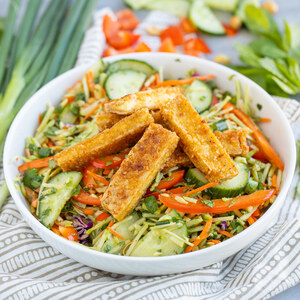 Crispy Tofu with Warm Broccoli Slaw, Cucumber & Bell Pepper Salad