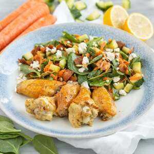 Lemon-Dijon Chicken Wings with Bacon, Blue Cheese & Spinach Salad