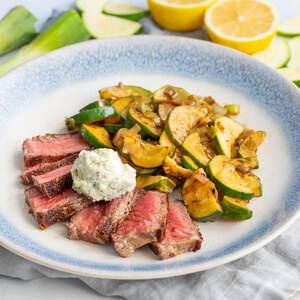 Seared Striploin with Blue Cheese Butter & Lemony Zucchini-Leek Sauté