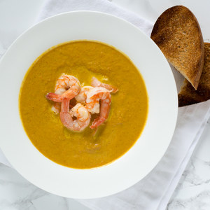Gingered Pumpkin Bisque with Shrimp