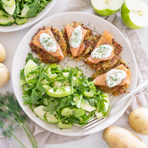 Potato Latkes with Smoked Salmon, Yogurt, Dill & Celery-Apple Salad