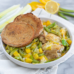 Coriander Chicken Thighs with Leeks, Snap Peas, Peppers & Cumin Toast