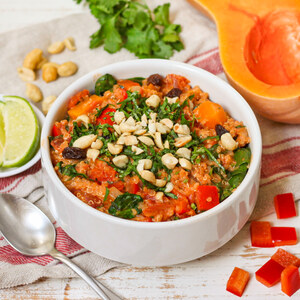 Quinoa-Butternut Squash Stew with Peanuts, Raisins, Spinach & Cilantro