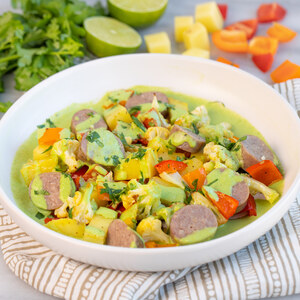 Sausage, Cauliflower & Pepper Bowl with Cilantro-Jalapeño Sauce