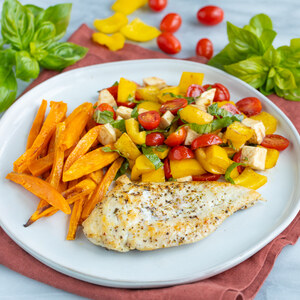 Italian Chicken with Roasted Sweet Potatoes & Tomato-Mozzarella Salad
