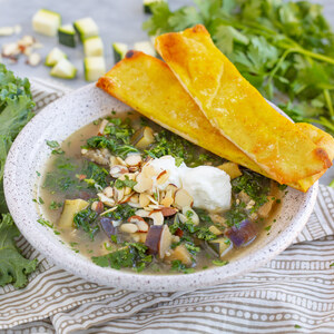 Veggie Soup with Eggplant, Zucchini, Kale, Yogurt & Curry Breadsticks