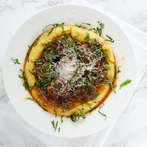 Beef Meatballs with Tomato-Spinach Sauce & Creamy Polenta