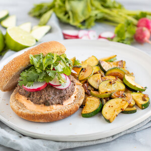 Cilantro Burger with Spicy Mayo & Jalapeño-Lime Zucchini Sauté