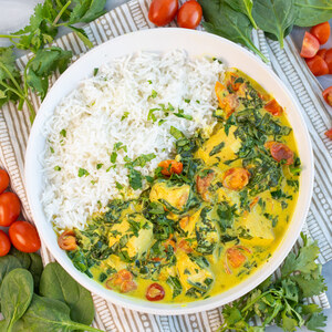Salmon Coconut Curry with Spinach, Tomatoes, Cilantro & Rice