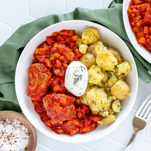 Paprika Pork Stew (Goulash) with Bell Pepper, Tomato & Dill Potatoes