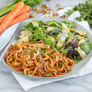 Lentil-Walnut "Bolognese" Fettuccine with Artichoke Mixed Greens