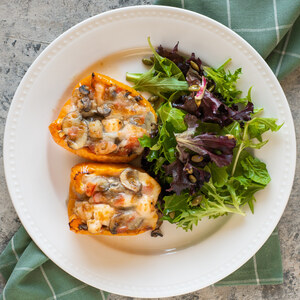 Cheesy Shrimp, Mushroom & Tomato Stuffed Peppers with Mixed Greens