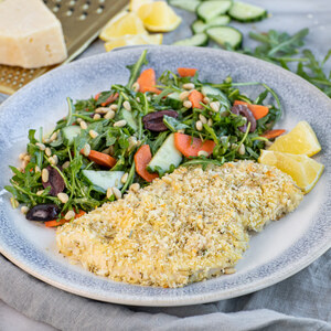 Rosemary-Parmesan Crusted Chicken with Olive, Pine Nut & Arugula Salad
