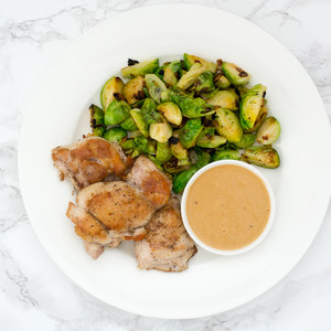 Sautéed Chicken Thighs with Brussels Sprouts & Peanut Sauce