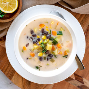 Black Bean, Potato, Zucchini & Corn Soup in Creamy Coconut Broth