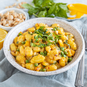 Creamy Sun-Dried Tomato Gnocchi with White Beans, Pepper, Peas & Basil