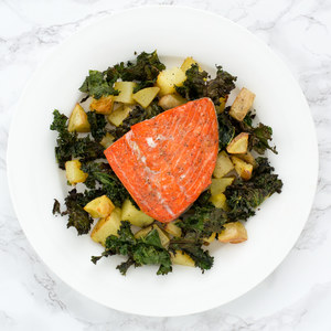 Sheet Pan Salmon with Honey-Dijon Roasted Kale & Potatoes