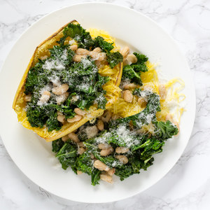 Baked Spaghetti Squash with Kale & Cannellini Bean Sauté