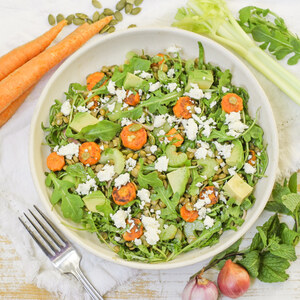 Roasted Carrot Salad with Lentils, Arugula, Pumpkin Seeds, Mint & Feta