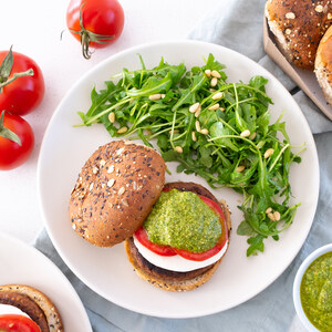 Caprese Veggie Burger with Mozzarella, Basil Pesto & Arugula Salad